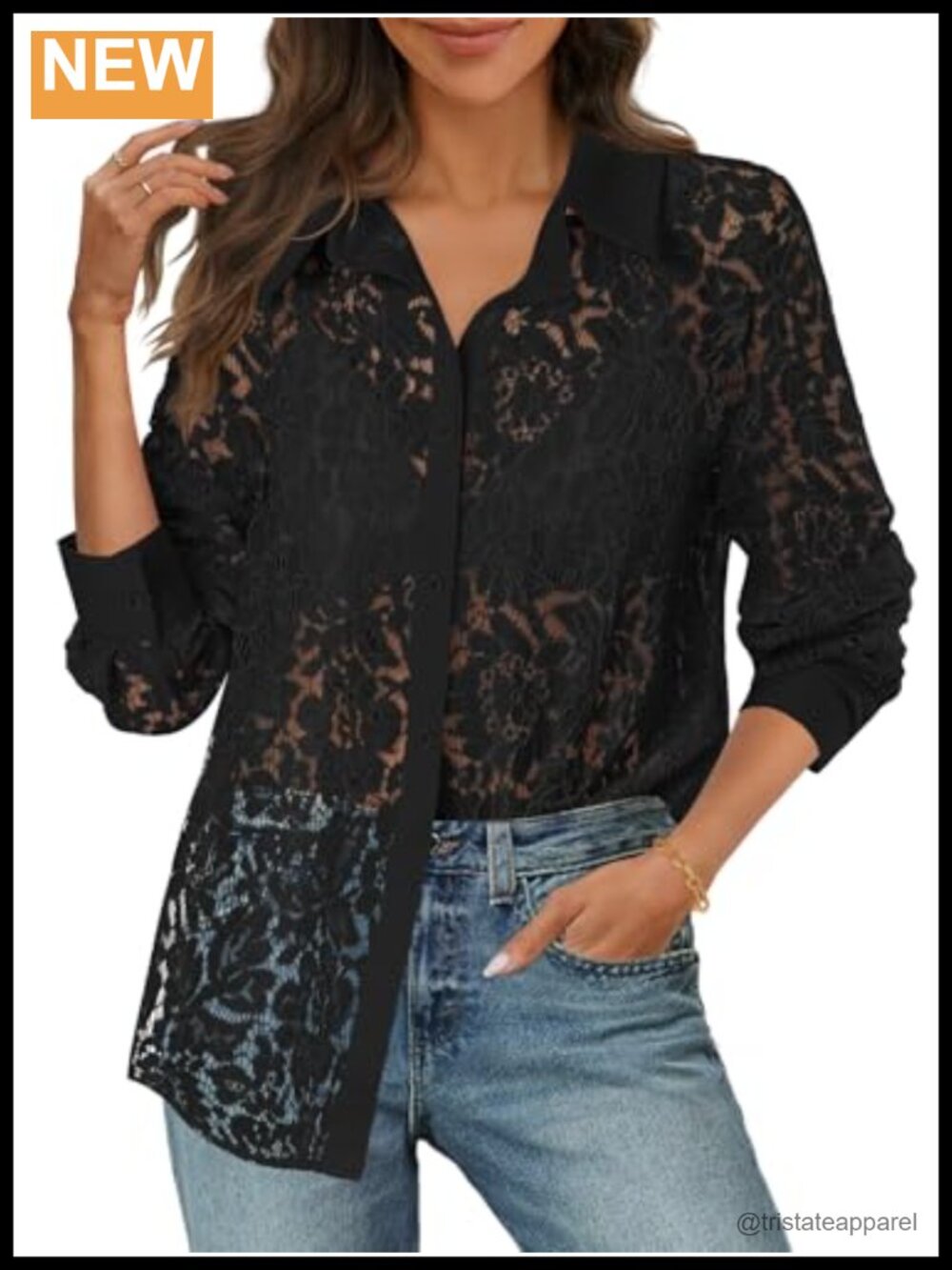 Women's Lace Long Sleeve Button Down Shirt Sheer Blouse Dressy Casual Top